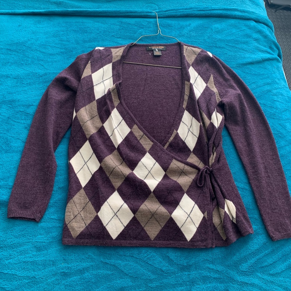 A. Giannetti Women's Size M Merino Wool Argyle Knit Wrap Sweater Long Sleeve Pur